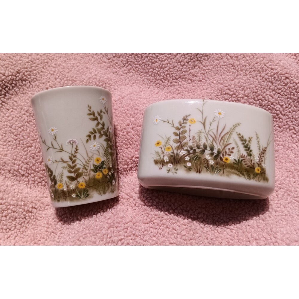 VTG Otagiri Ferns Daisies Bathroom Vanity Set Cup Toothbrush Holder Japan
